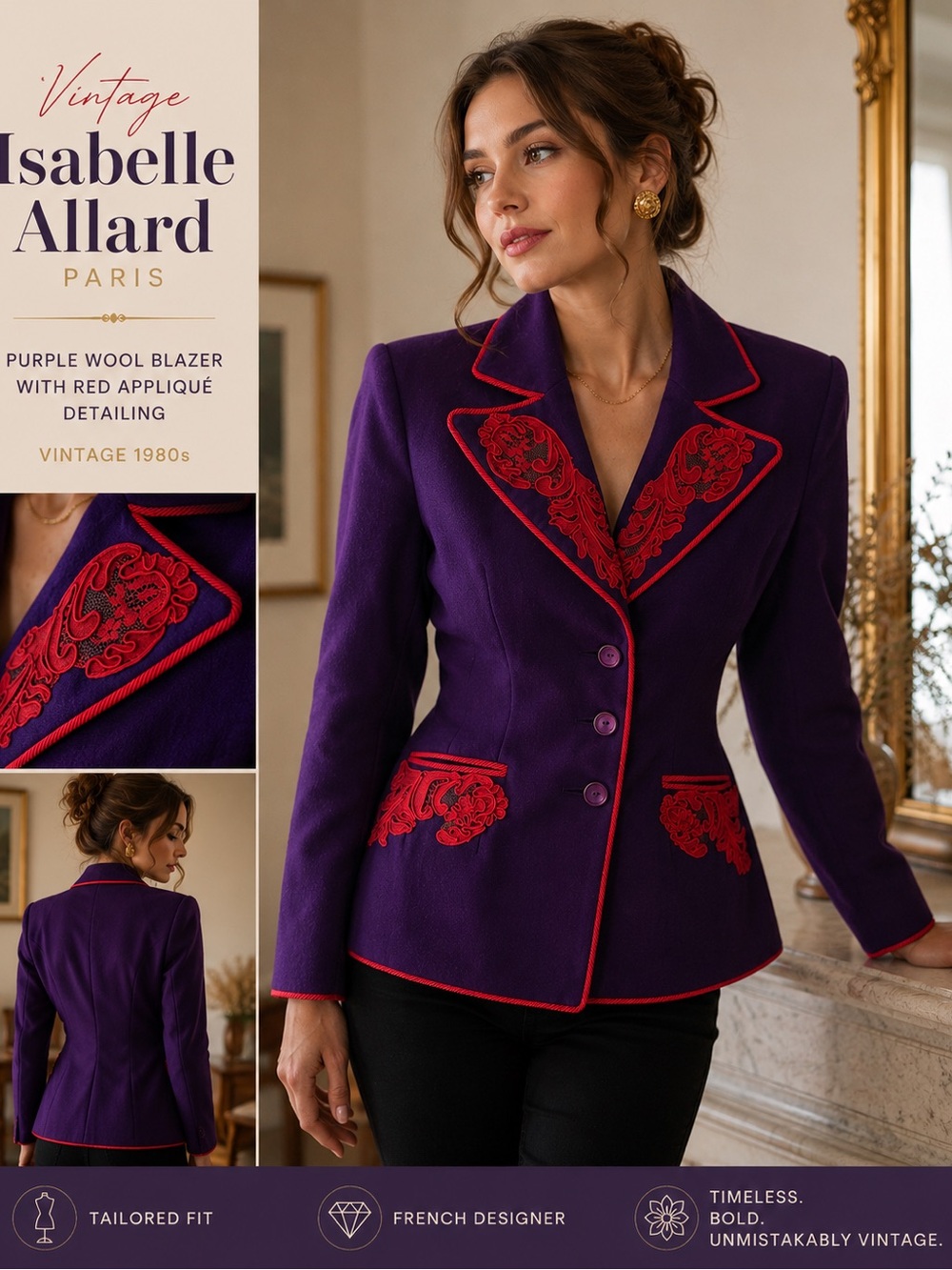 ⭐️ RARE Isabelle Allard Paris Purple Wool Blazer Red Soutache Appliqué Sz38
